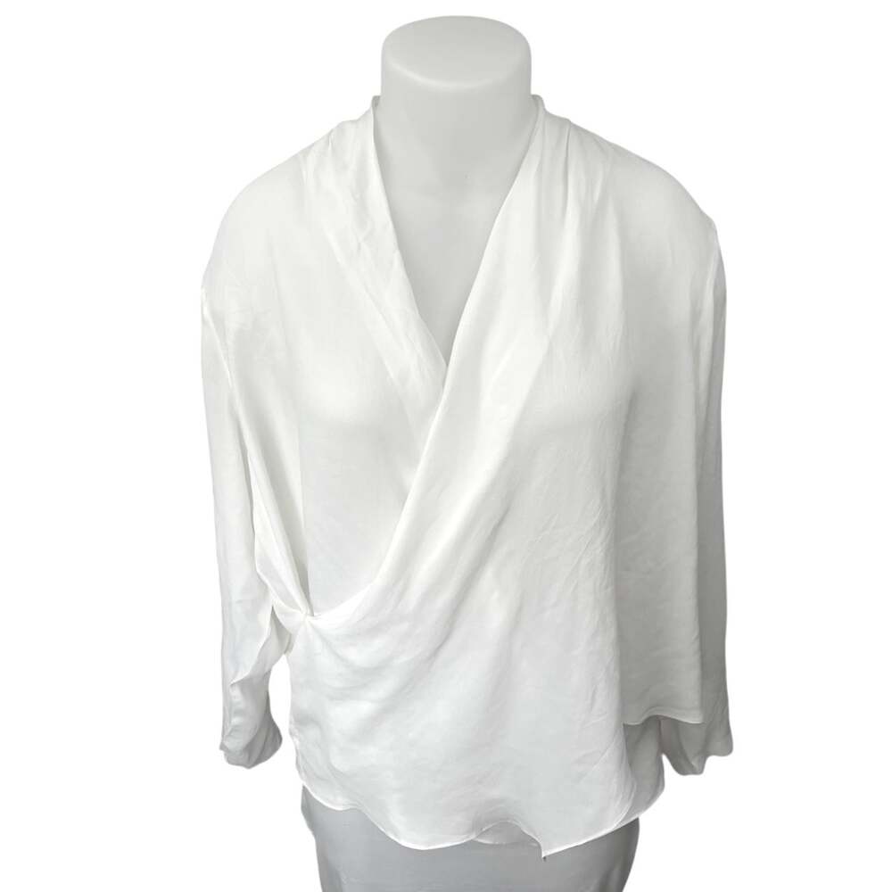 NEW MNG Women White Long Sleeve Oversized Faux Wrap Pullover Blouse Top Size 16